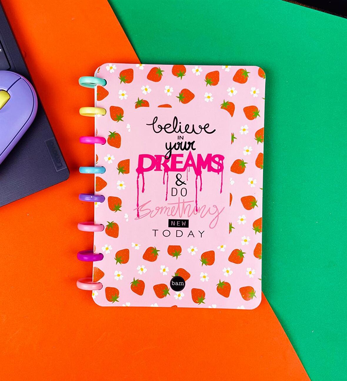 Believe Your Dreams Çilek Tasarımlı Yeni Nesil Kalp Spiralli Defter