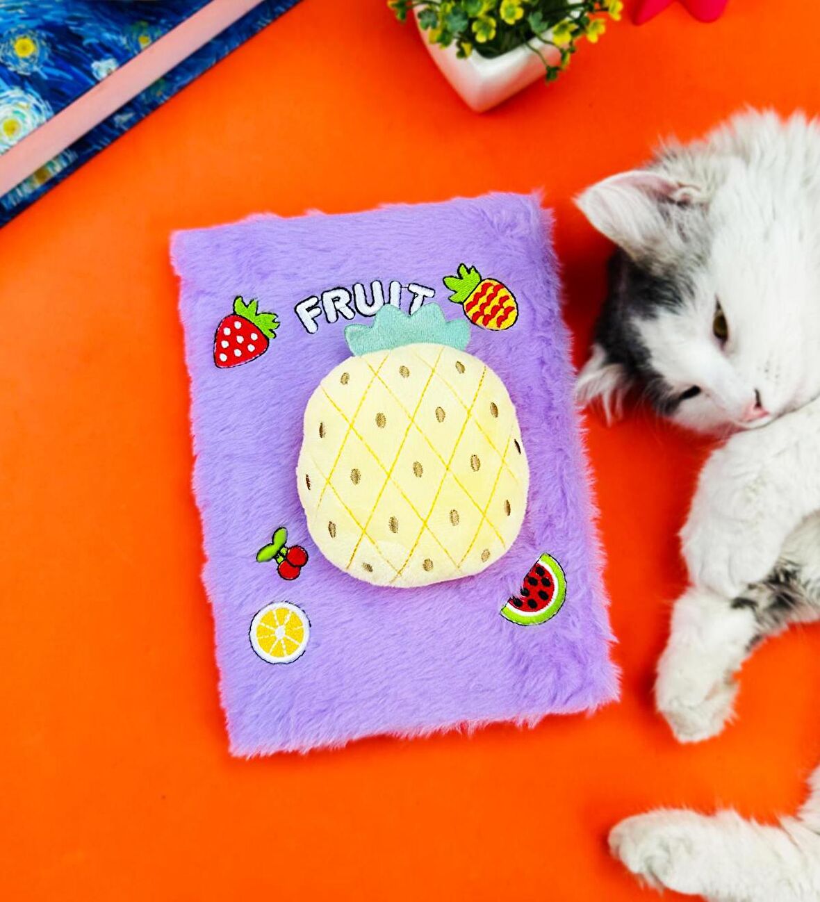 Sevimli Meyve Kabartmalı Peluş Defter