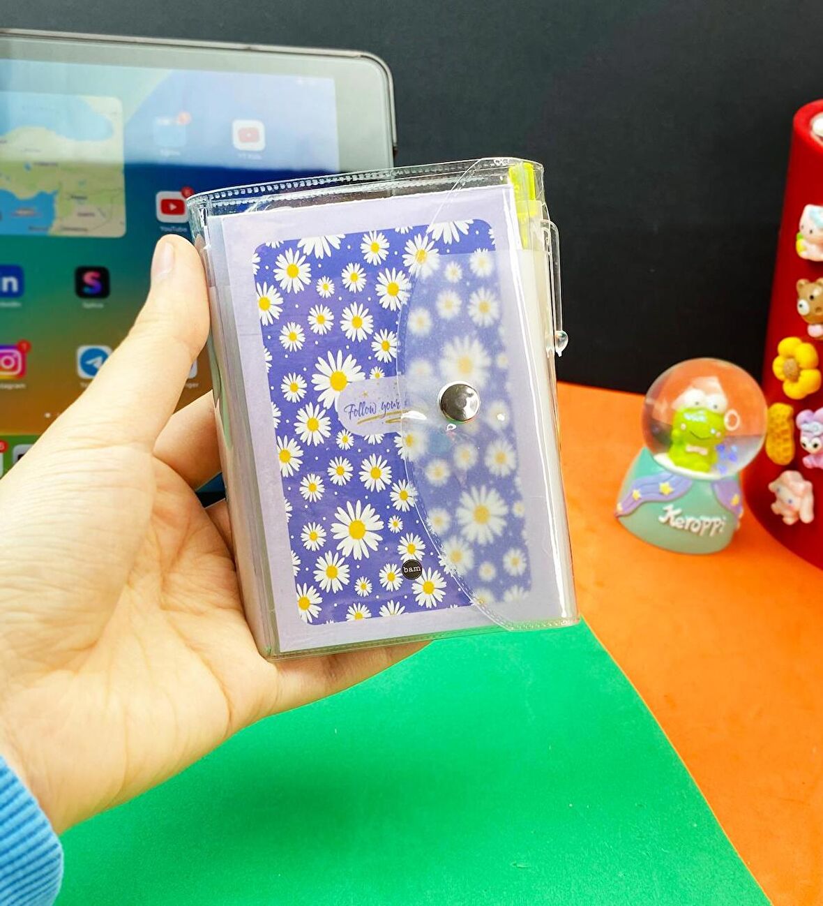Mor Papatya Tasarımlı PP Mini Çanta Defter Ve Kalem Set