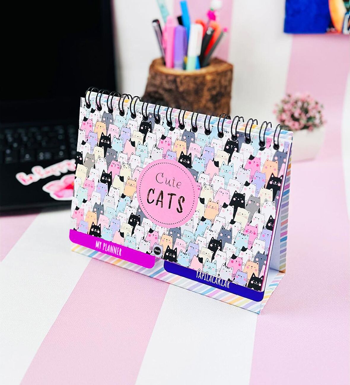 Sevimli Kedi Tasarımlı Yeni Nesil Masa Üsü Planner 2 Sayfa Sticker