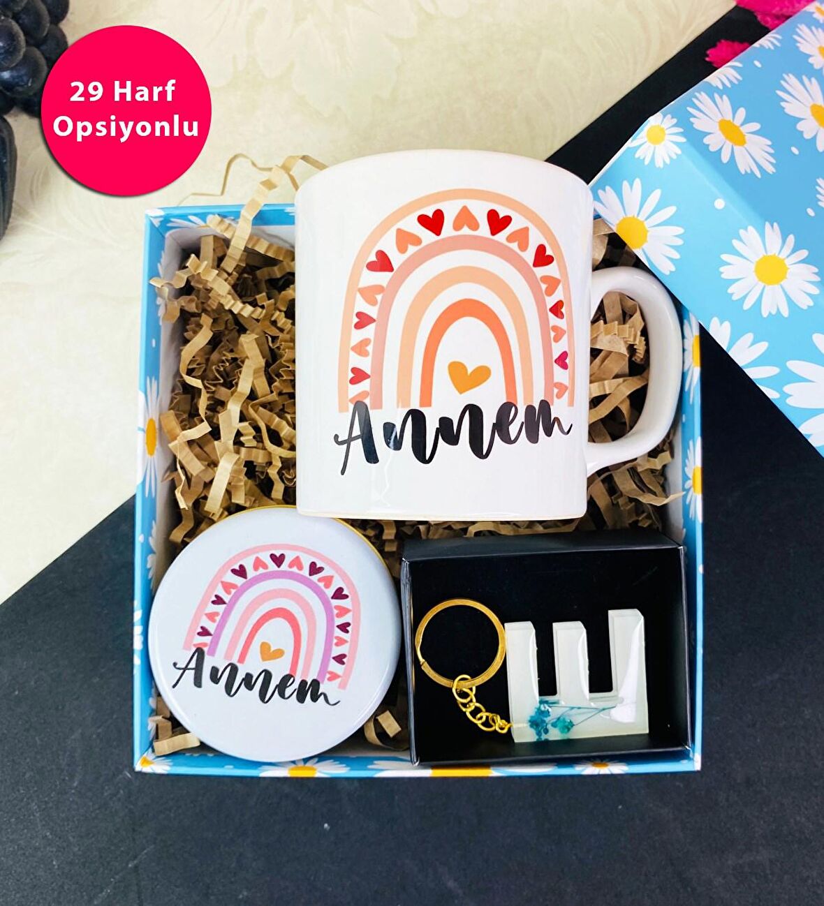 Çiçekli Epoksi Anahtarlık Ve Gökkuşağı Anne Tasarımlı Kupa Set
