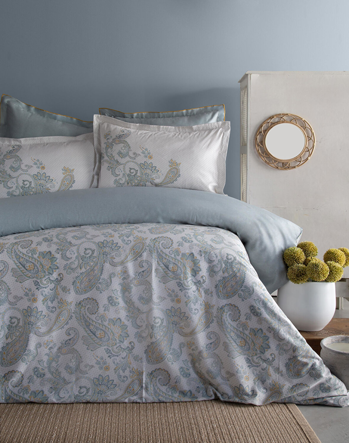 CIFT KISILIK ELEGANCE BASKILI SATEN NEVRESIM TAKIMI BERTA INDIGO  - NEVRESIM