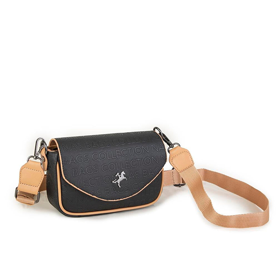 Nas Bag Çapraz Çanta Siyah Camel  Gofraj