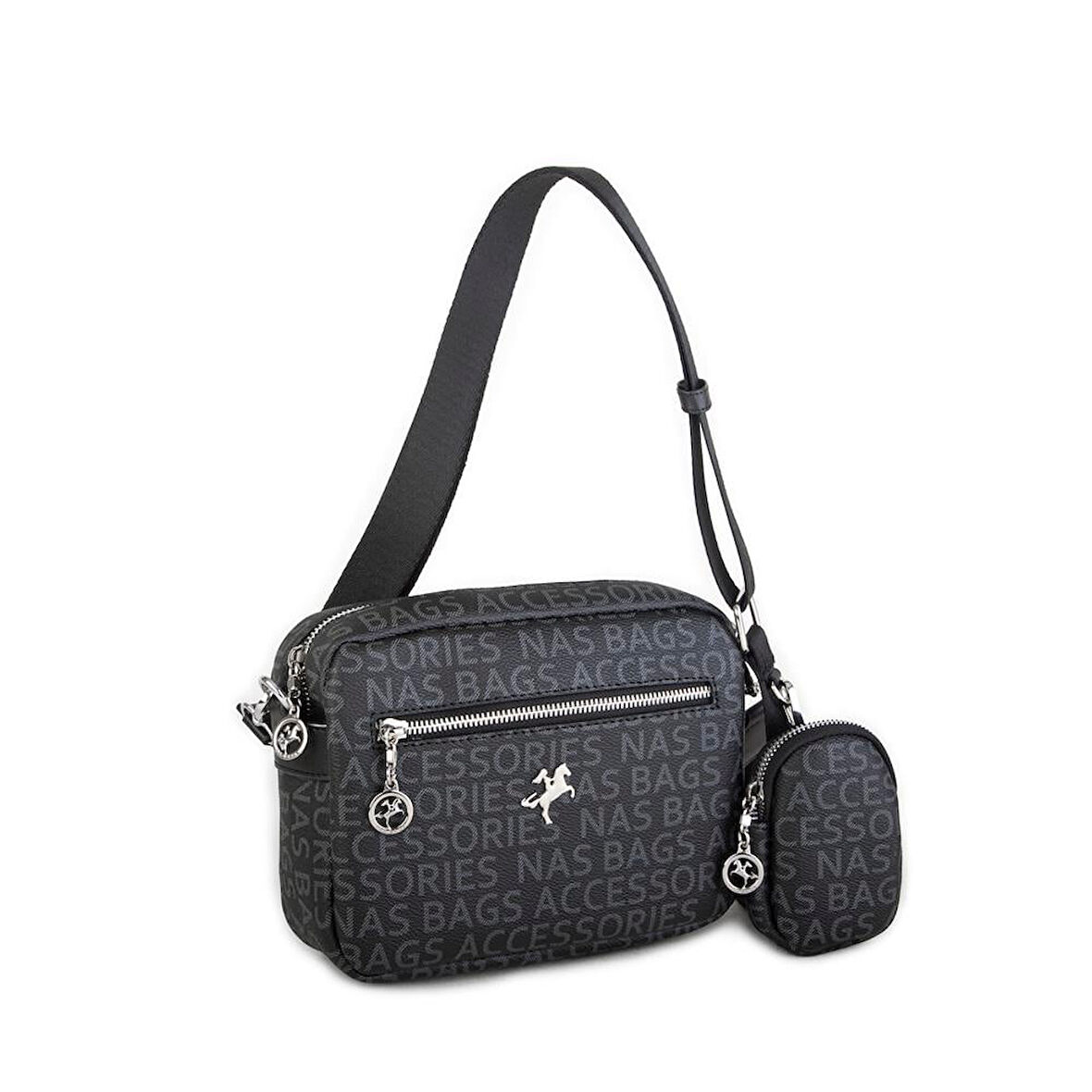 Nas Bag Kadın Çapraz Çanta Mini Cüzdanlı Ayarlanabilir Askılı Siyah Yazılı