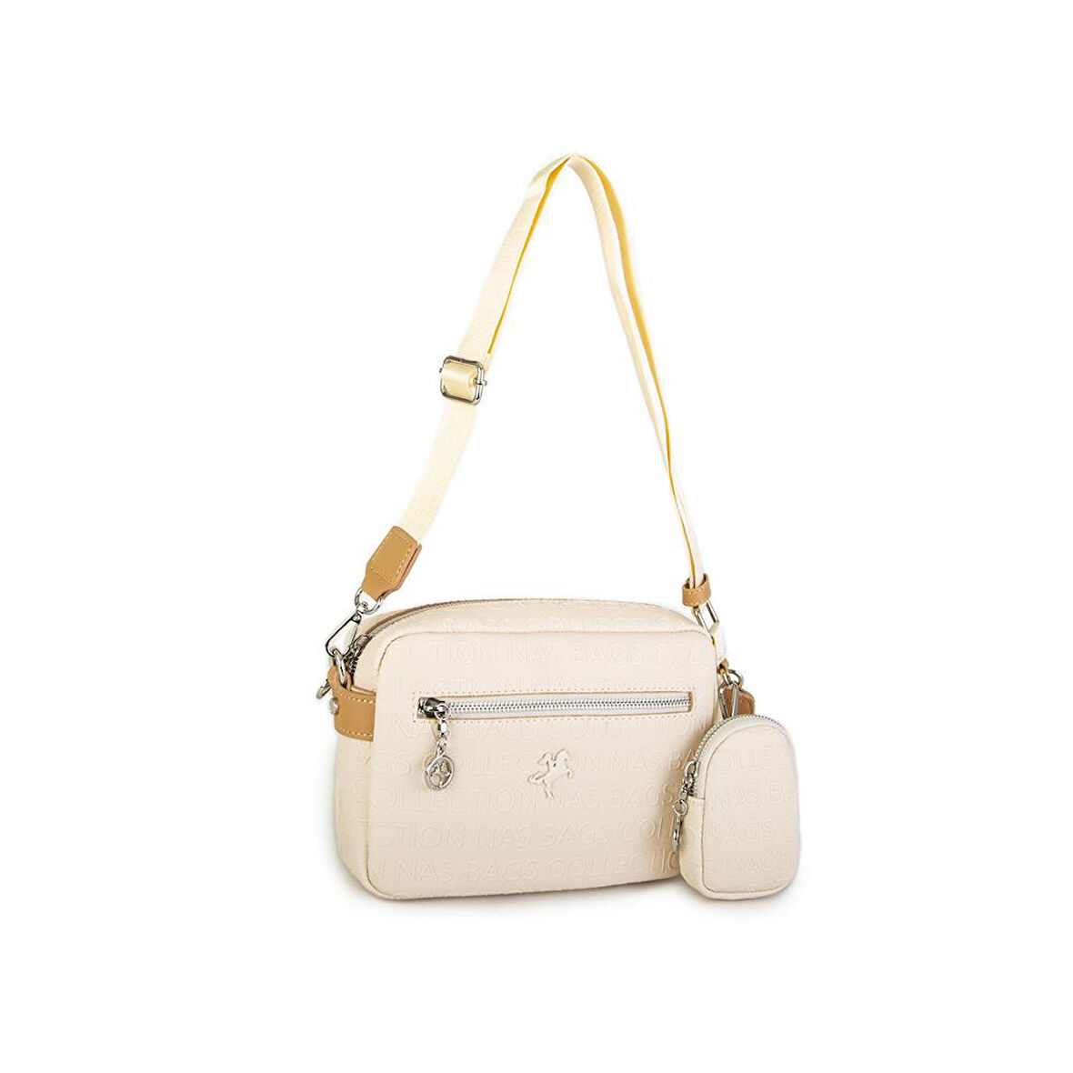 Nas Bag Kadın Çapraz Çanta Mini Cüzdanlı Ayarlanabilir Askılı Krem Camel Gofraj