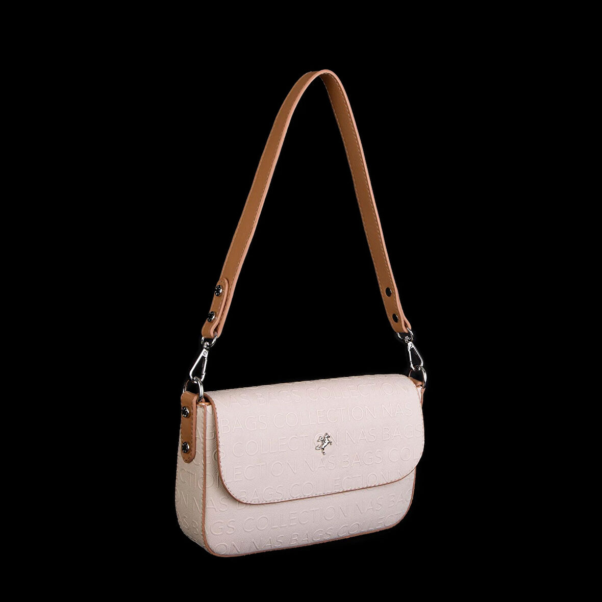 Nas Bag Kadın Postacı Çantası Çift Askılı Krem Camel  Gofraj  (22x16x5 cm)