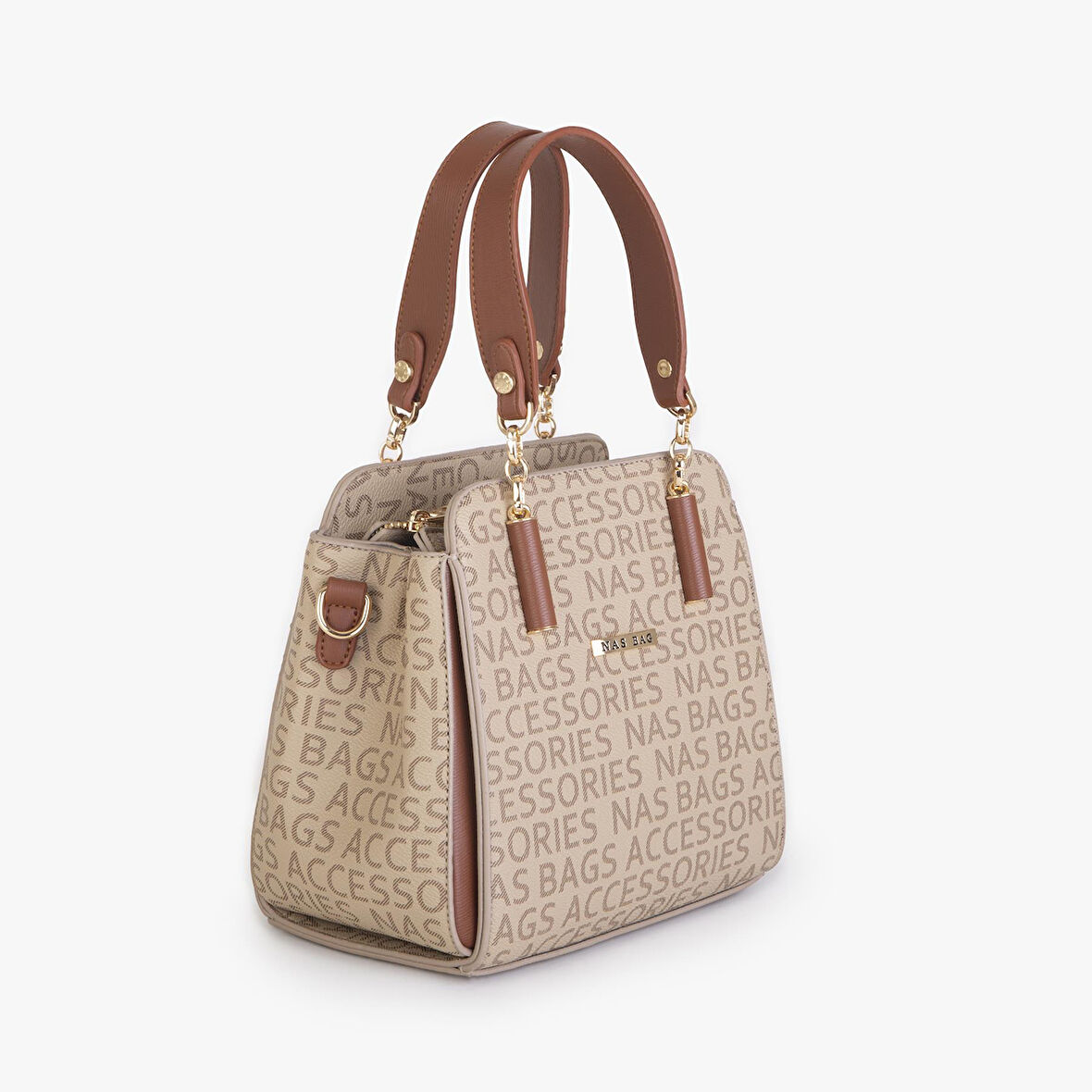 Nas Bag Kadın Sade ve Şık El ve Omuz Çantası Vizon Taba  Yazılı  (Ölçüsü:24x21x16)