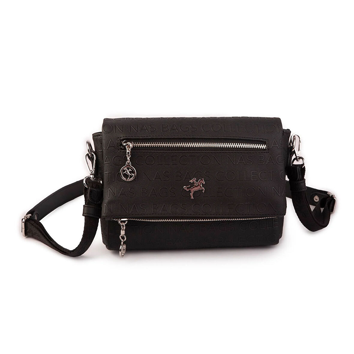 Nas Bag Kadın Çapraz Çok Cepli Spor Çanta Siyah Gofraj  (25x18x7 cm )