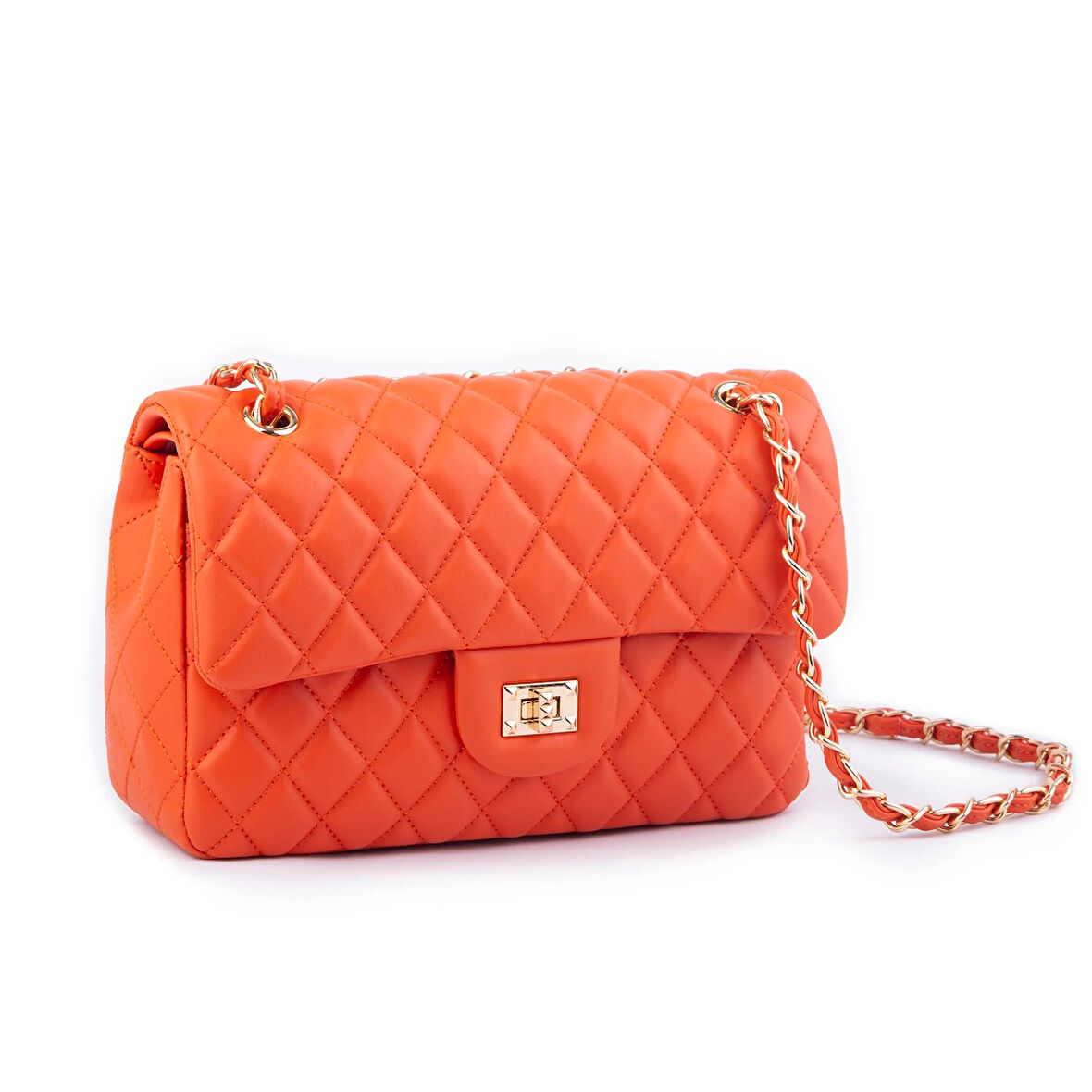 Nas Bag Kadın Çapraz Çanta Büyük Boy Zincirli Kapitone Turuncu  Nova (en:26 ; boy:16 cm ) 