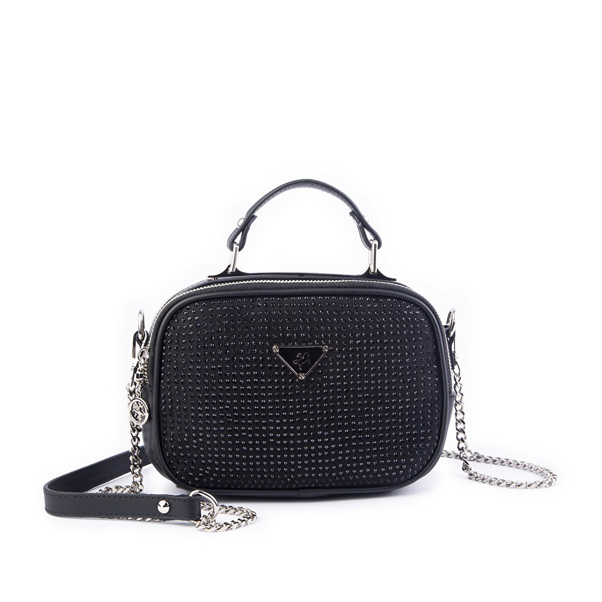 Nas Bag Zincirli Kapitone Çift Gözlü El ve Çapraz Çanta Siyah  Taşlı ( 21x16 cm )