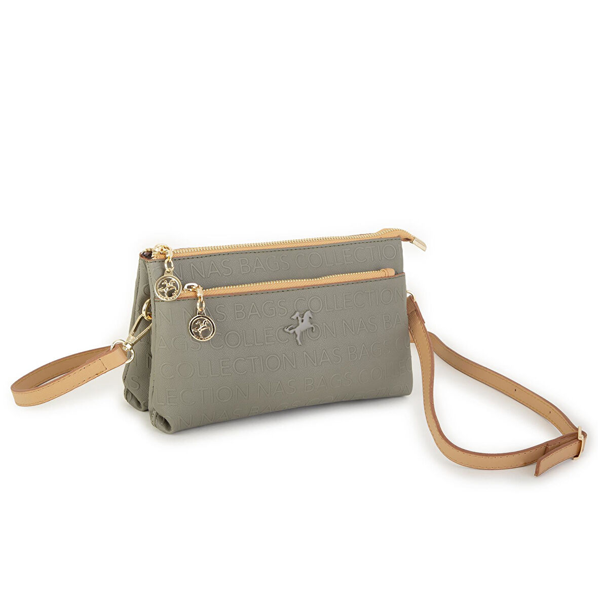 Nas Bag Kadın Çapraz ve Clutch Çanta Bilek ve Çapraz Askılı Yeşil Camel Gofraj  (24x15 cm) 