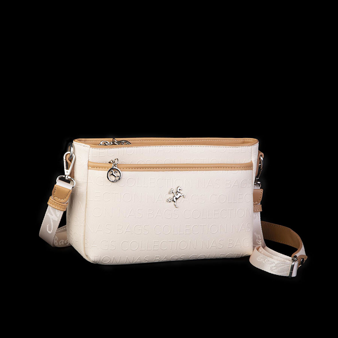 Nas Bag Kadın Çok Gözlü  Ayarlanabilir Askılı Omuz ve Çapraz Çanta Krem Camel Gofraj 
