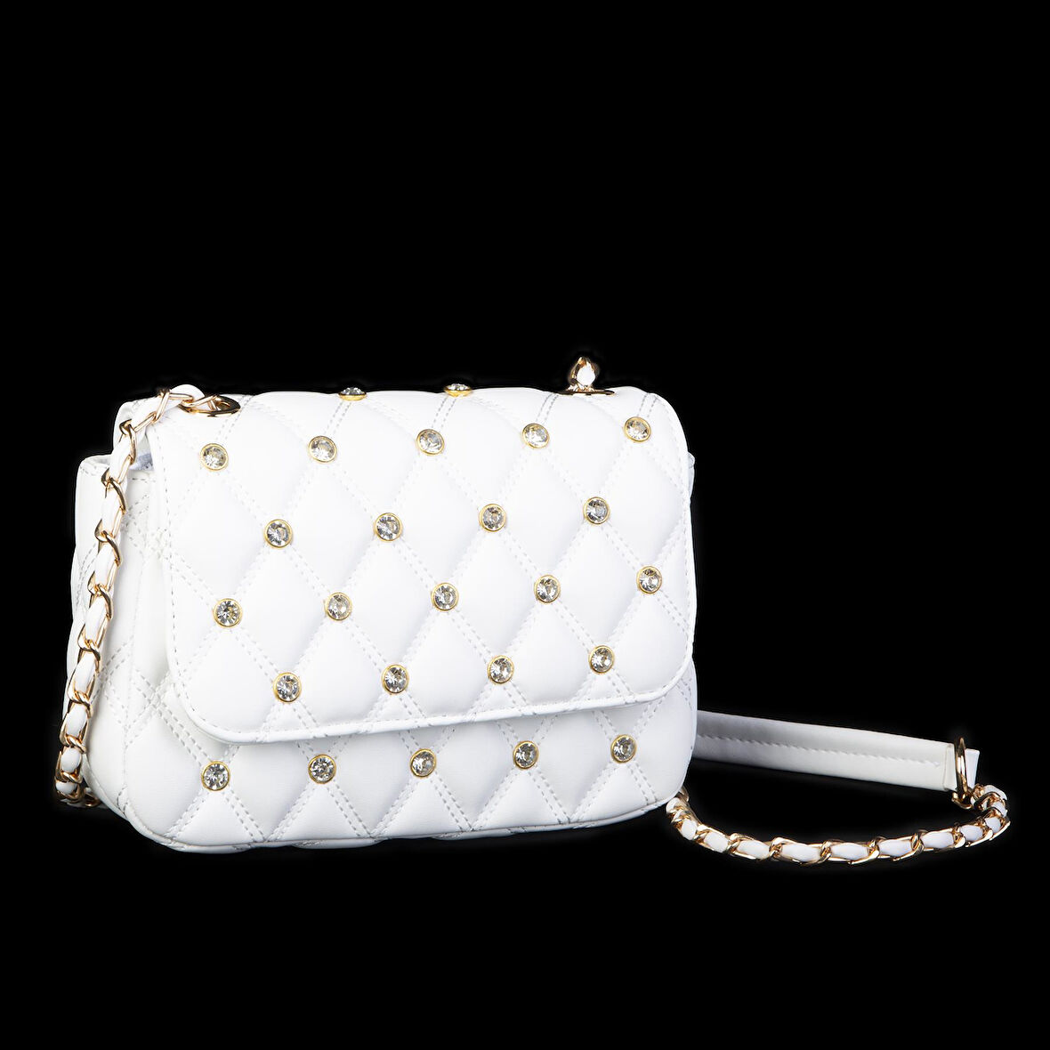 Nas Bag Kadın Taşlı Zincirli Şık Kapitone Çapraz Çanta Beyaz  ( 21x12 cm )