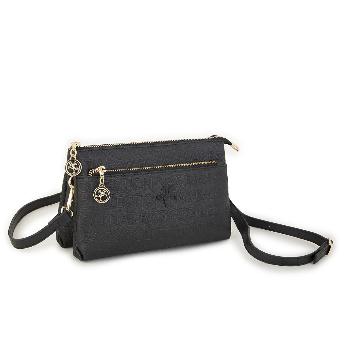 Nas Bag Kadın Çapraz ve Clutch Çanta Bilek ve Çapraz Askılı  Siyah  Gofraj  (24x15 cm) 