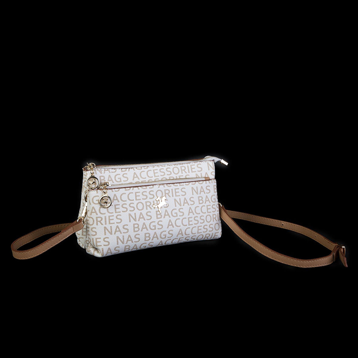 Nas Bag Kadın Çapraz ve Clutch Çanta Bilek ve Çapraz Askılı  Krem Camel Yazılı   (24x15 cm) 