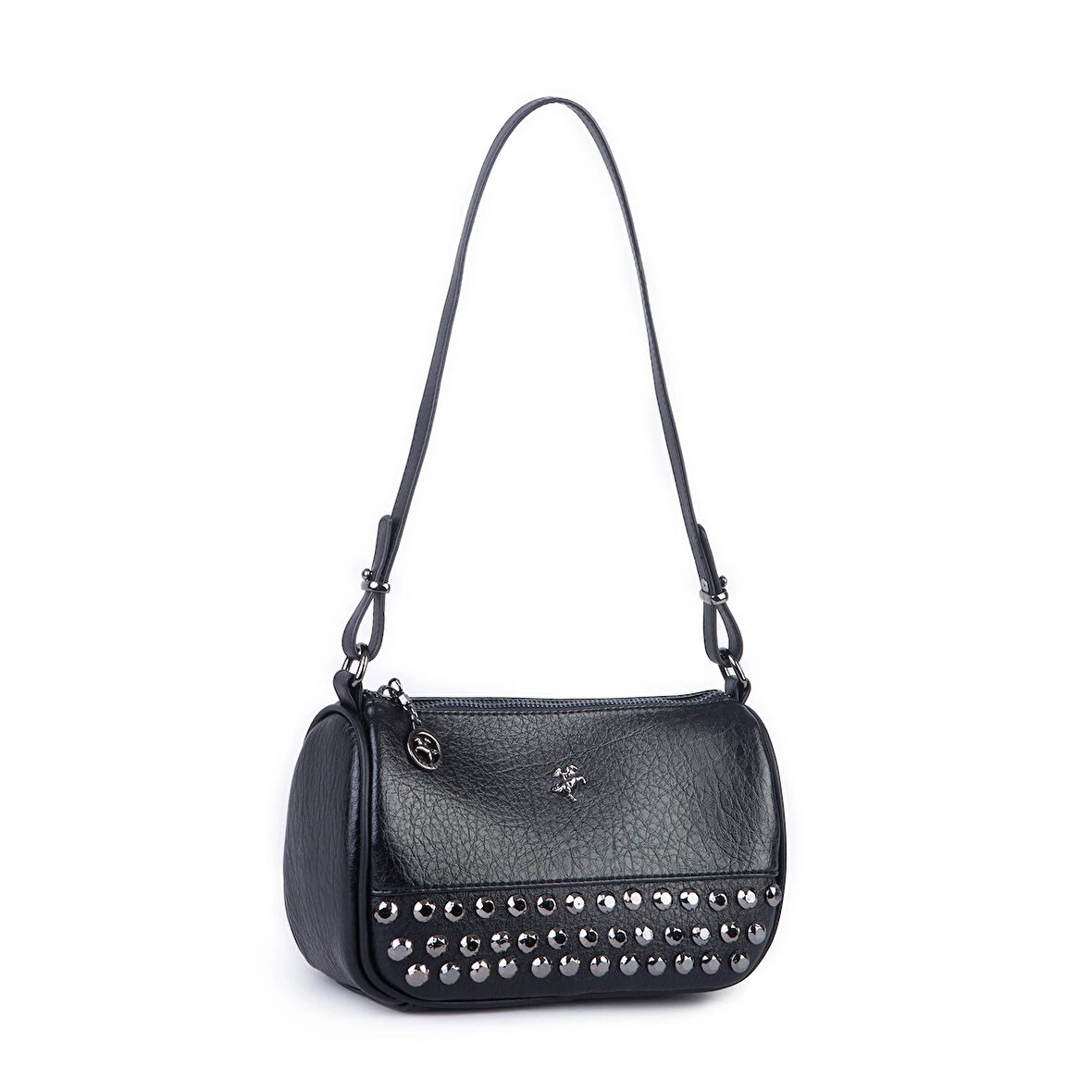 Nas Bag Mini Kadın Taşlı Zımbalı Omuz ve Çapraz Baget Çanta Siyah Victoria