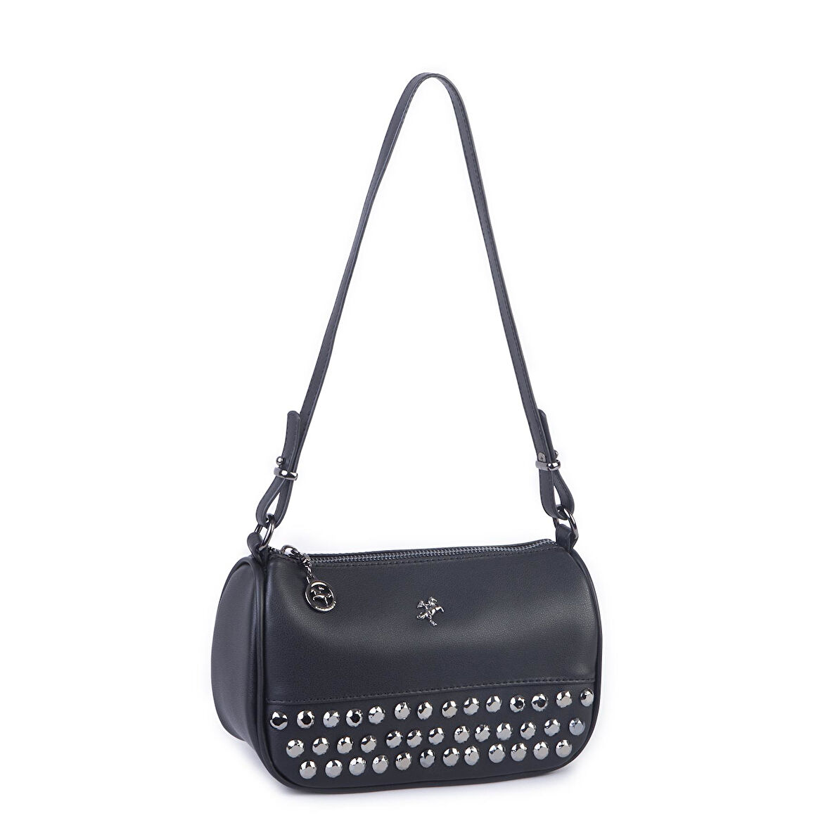 Nas Bag Mini Kadın Taşlı Zımbalı Omuz ve Çapraz Baget Çanta Siyah Dona