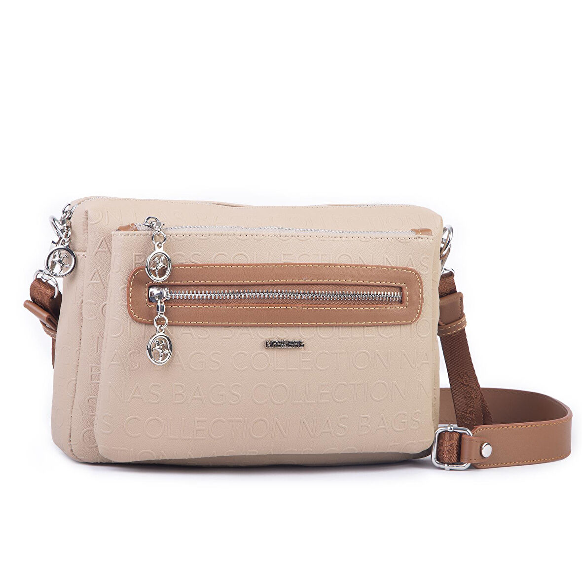 Nas Bag Günlük Çok Gözlü Çanta (en: 26 cm  ; boy:17 cm) Kum Taba Gofraj
