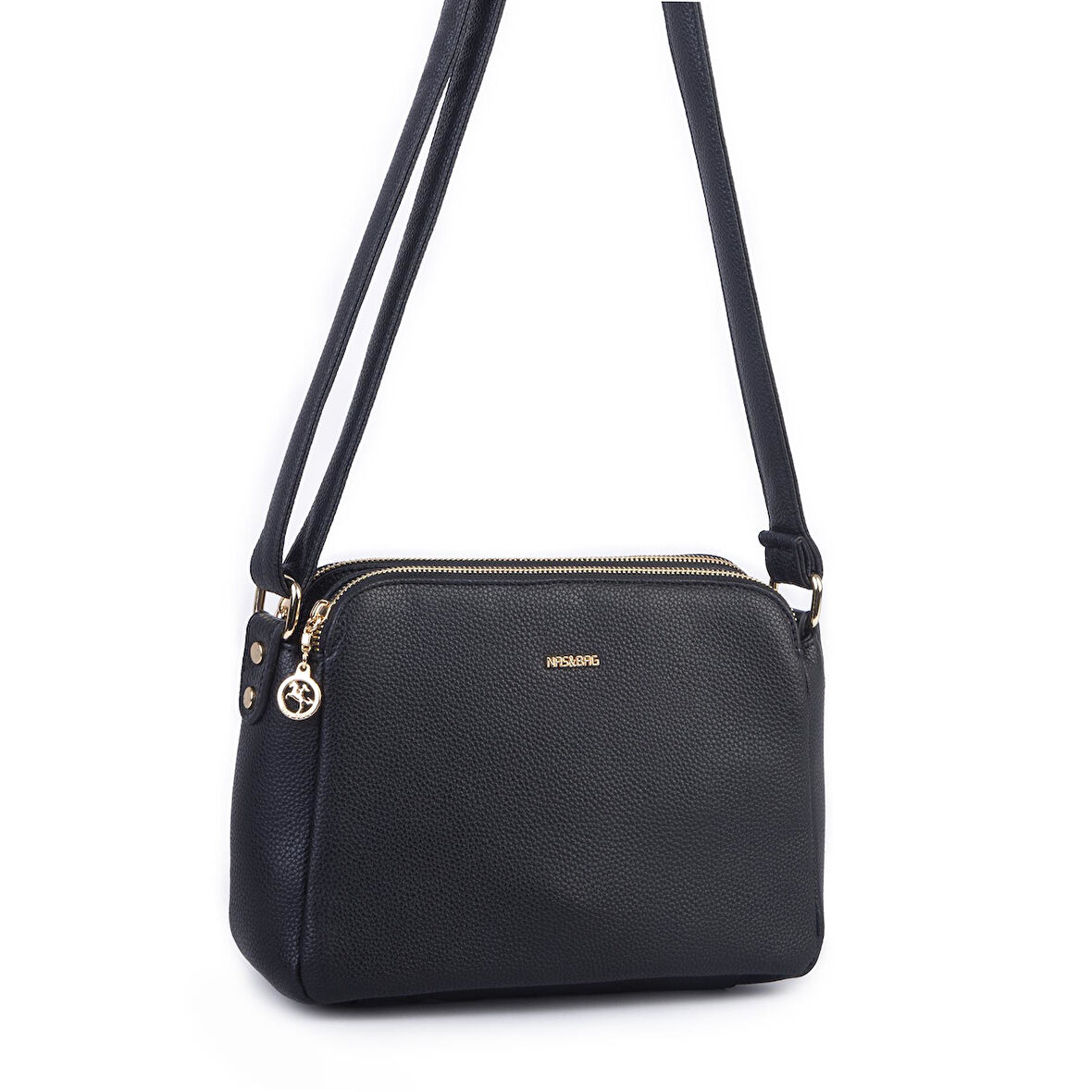 Nas Bag Kadın Çapraz Yumuşak Deri Çıtçıtlı Üç Bölmeli Çanta Siyah Lopez