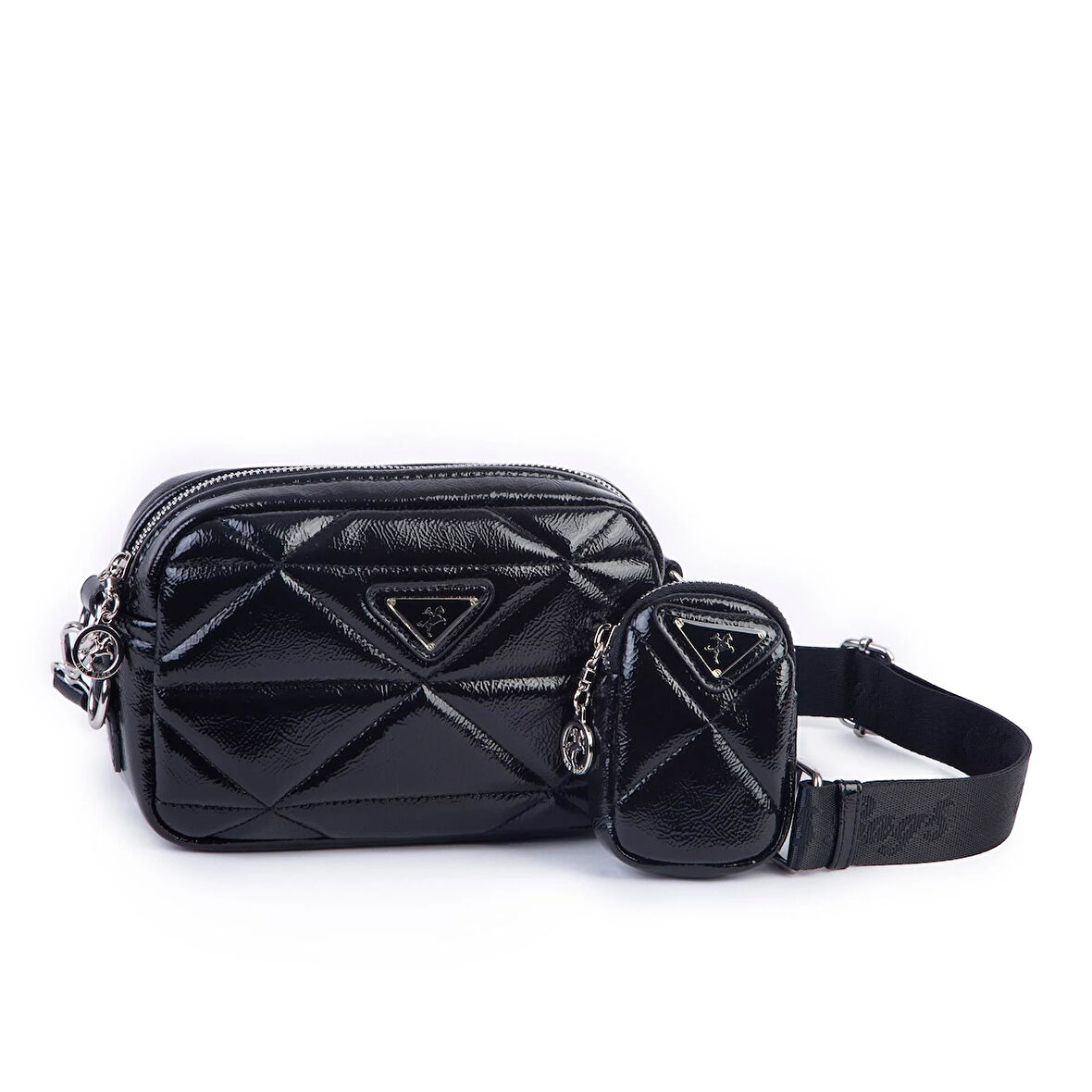 Nas Bag Kadın Mini Spor Kapitone Mini Cüzdanlı Çapraz Çanta Siyah Rugan