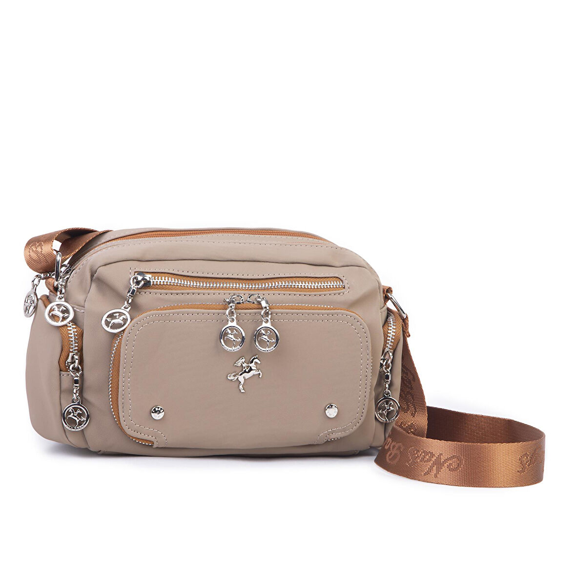 Nas Bag Kadın Mini Çok Gözlü Spor Şık Çanta ( en :25 cm , boy: 16 cm ) Vizon Taba Buzzy