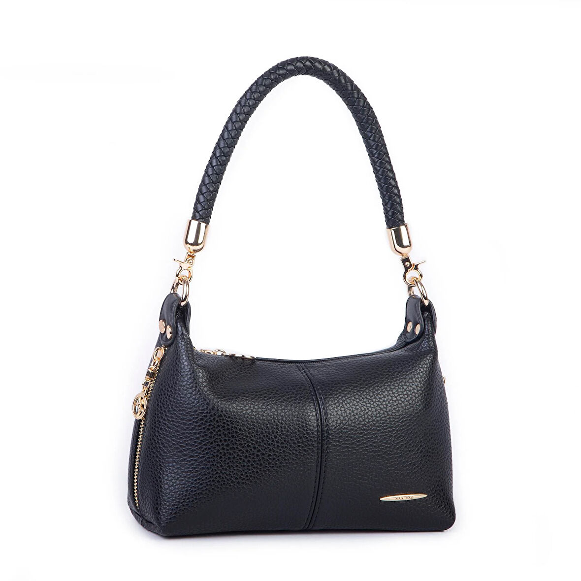 Nas Bag Kadın Mini Omuz ve Çapraz Çanta Örgülü Askılı (en: 23 cm , boy: 14 cm) Siyah Lopez