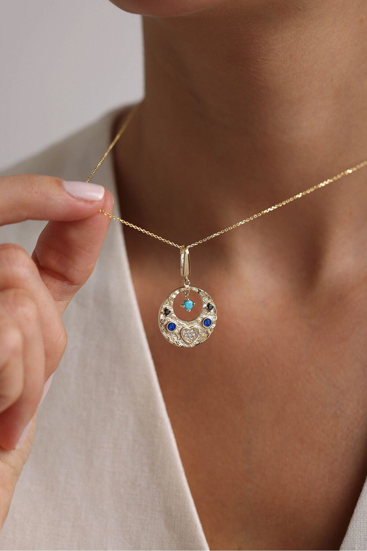 Heritage Sallantılı Mavi Firuze Taşlı Kalp Charm Kolye