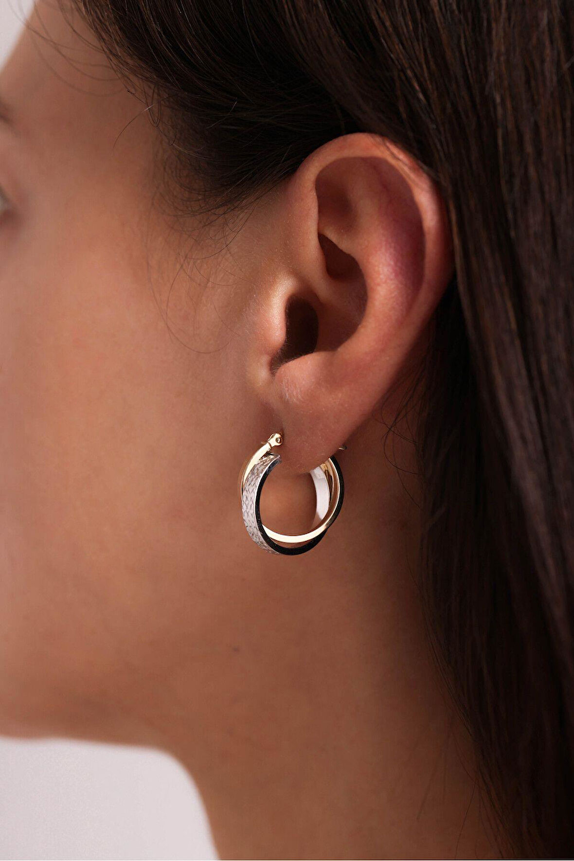 Çift Renk Beyaz Altın Kalemli Halka Küpe