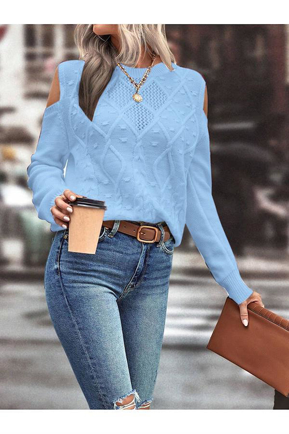Kadın Bisiklet Yaka File Detaylı Saç Örgü Yürütme Desenli Omuz Detaylı Bebe Mavi Triko Kazak