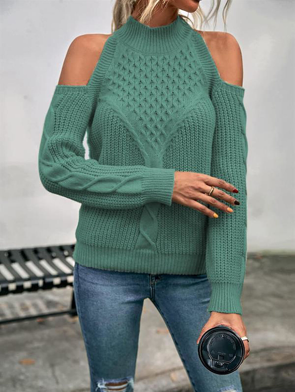 Kadın Balıkçı Yaka Omuzu Açık Selanik Saç Örgü Detaylı Mint Yeşili Triko Kazak