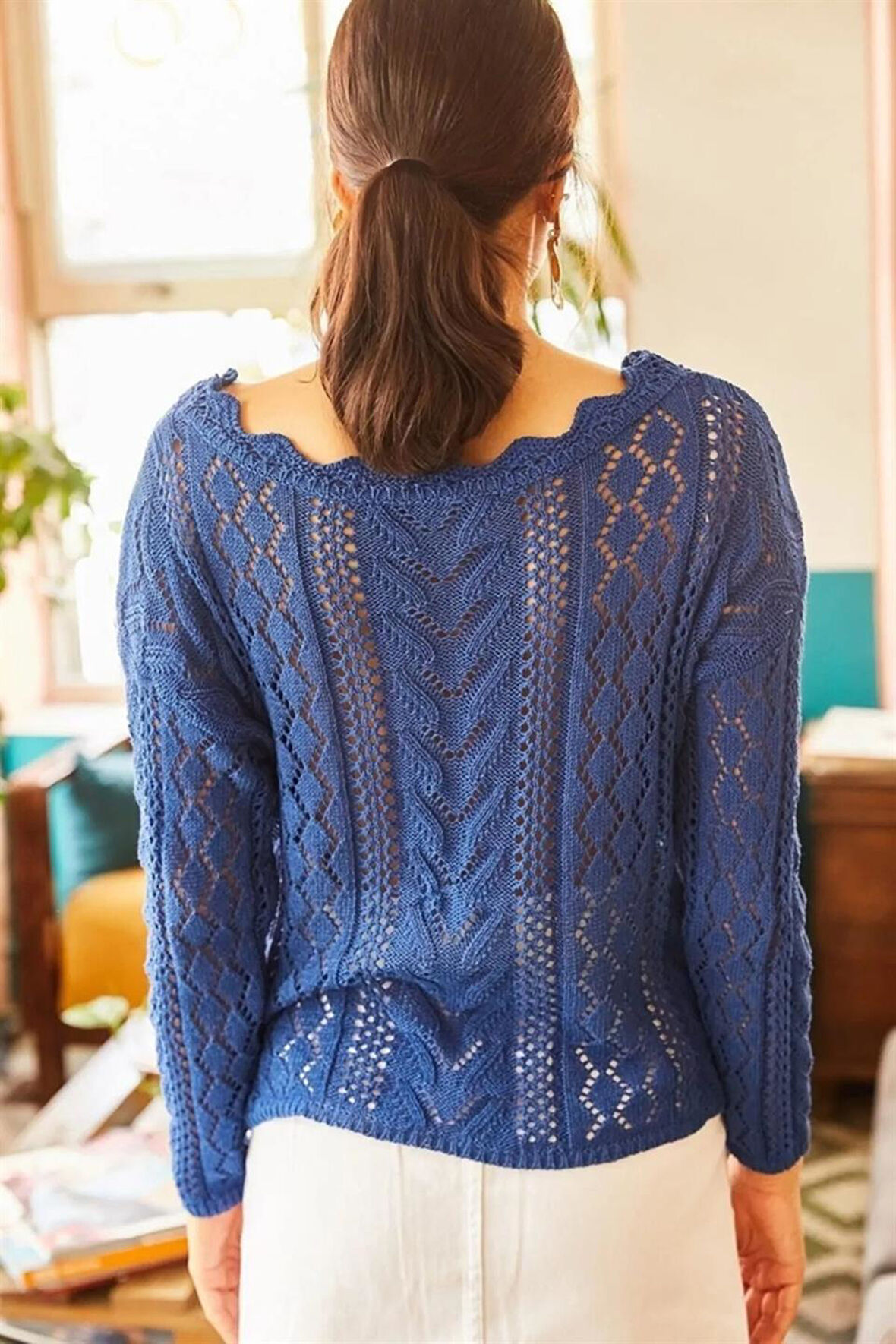 Kadın Saks Mavisi Kayık Yaka Delikli Ajurlu Triko Kazak