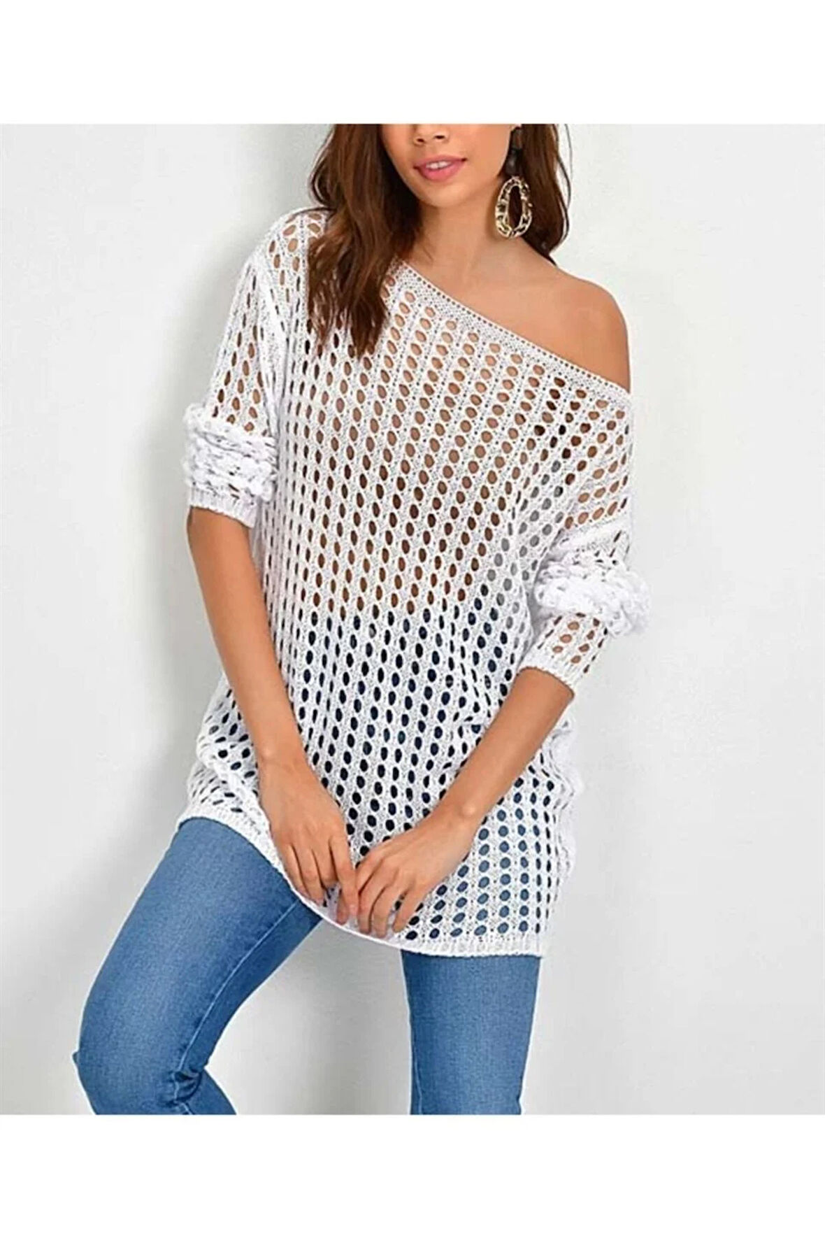 Kadın File Triko Beyaz Bluz