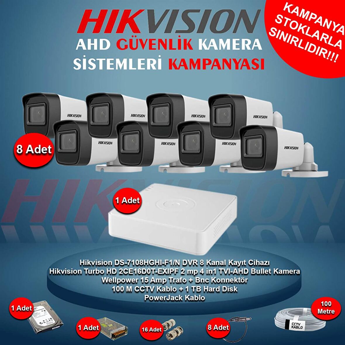 Hikvision 2 Megapiksel HD 1920x1080 Bullet Güvenlik Kamerası Seti 8'li