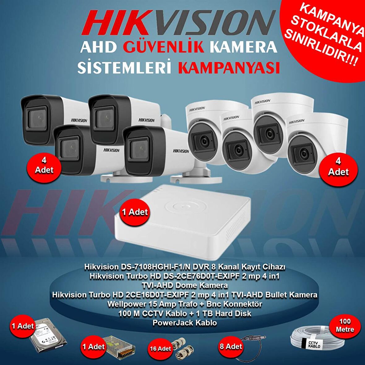 Hikvision 2 Megapiksel HD 1920x1080 Dome Güvenlik Kamerası Seti 4'lü