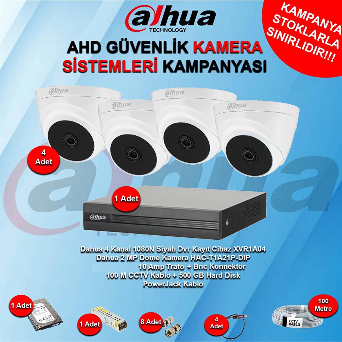 Dahua 2 Megapiksel HD Dome Güvenlik Kamerası Seti 4'lü