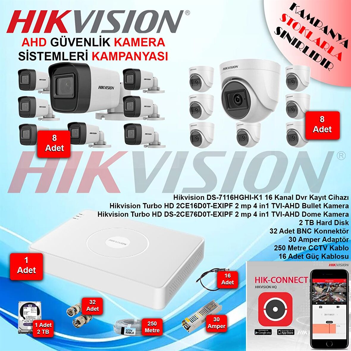 Hikvision 2 Megapiksel HD 1920x1080 IP Kamera Güvenlik Kamerası Seti 16'lı