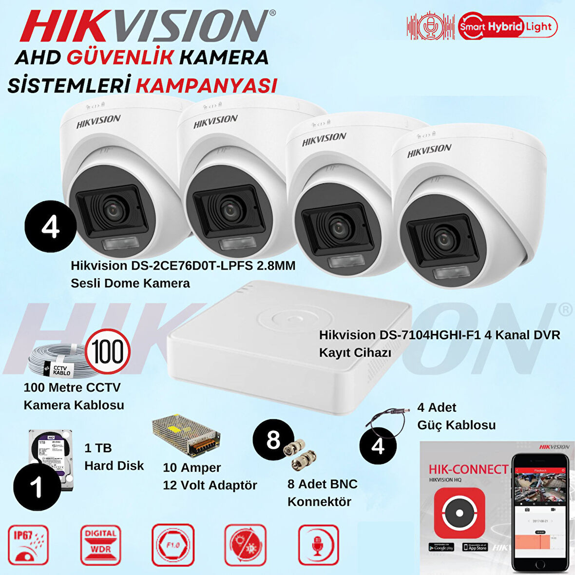 Hikvision Sesli Smart Hybrid Light AHD 4 Adet Dome Kamera 2 Mp Güvenlik Kamera Seti