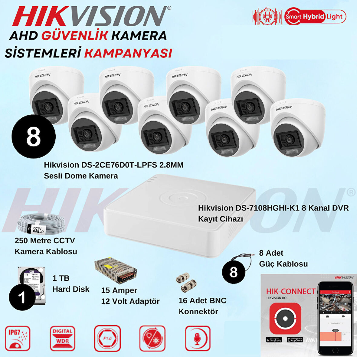 Hikvision Sesli Smart Hybrid Light AHD 8 Adet Dome Kamera 2 Mp Güvenlik Kamera Seti