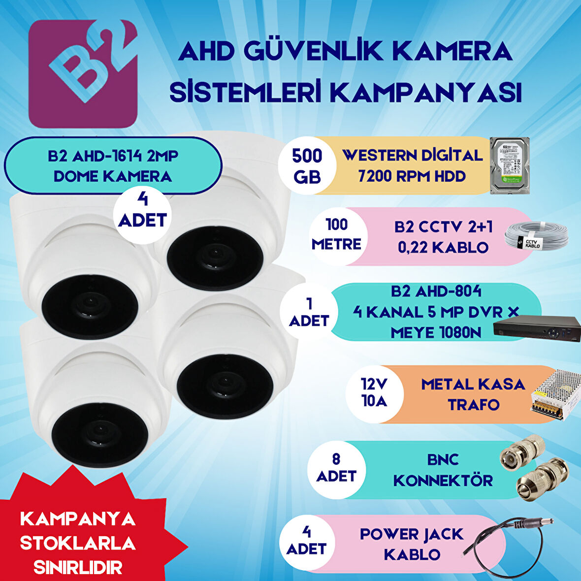 B2 Ahd 4 Dome Kamera 4 Kanal Güvenlik Dome Kamera Setleri