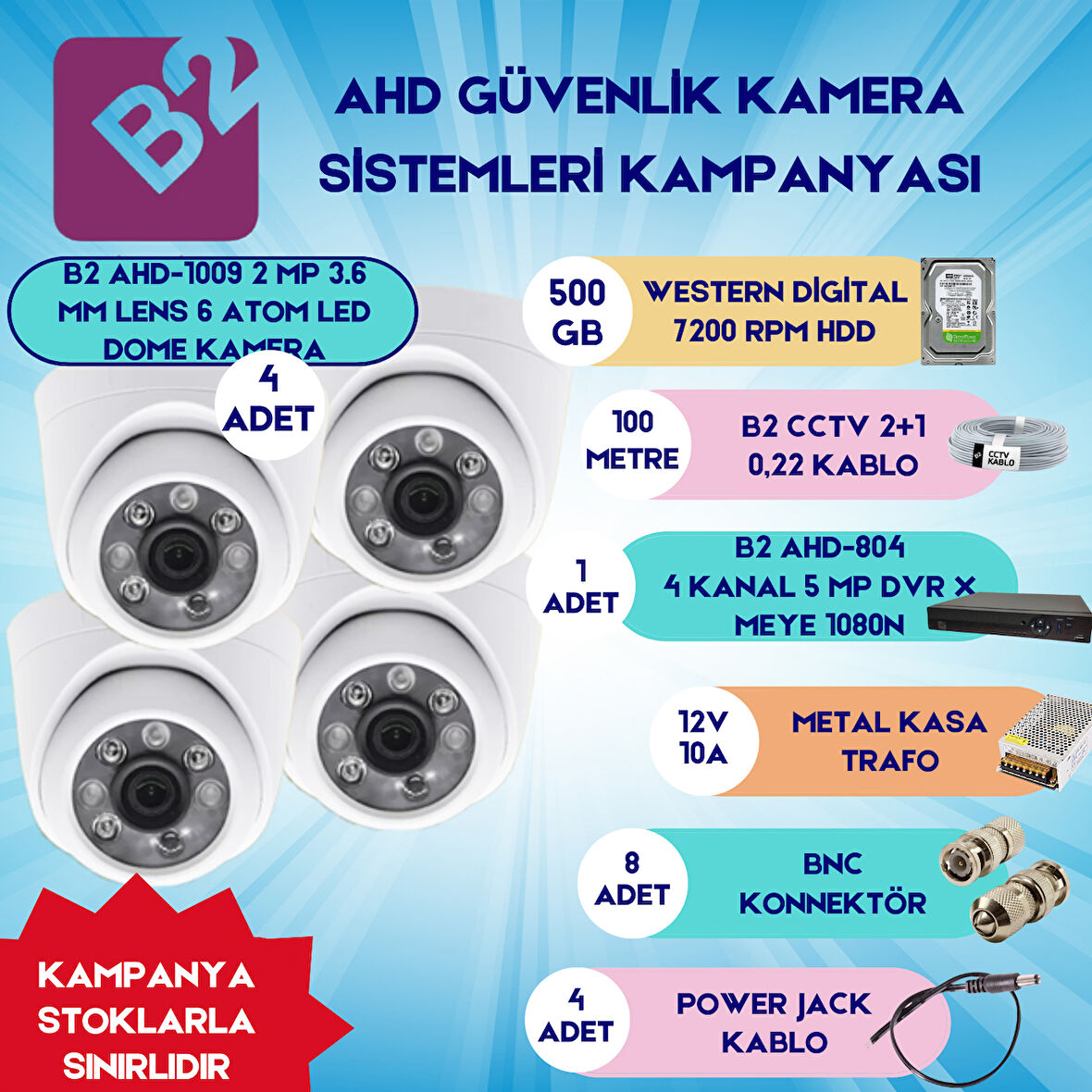 B2 Ahd 4 DomeKamera 4 Kanal Güvenlik Dome Kamera Setleri