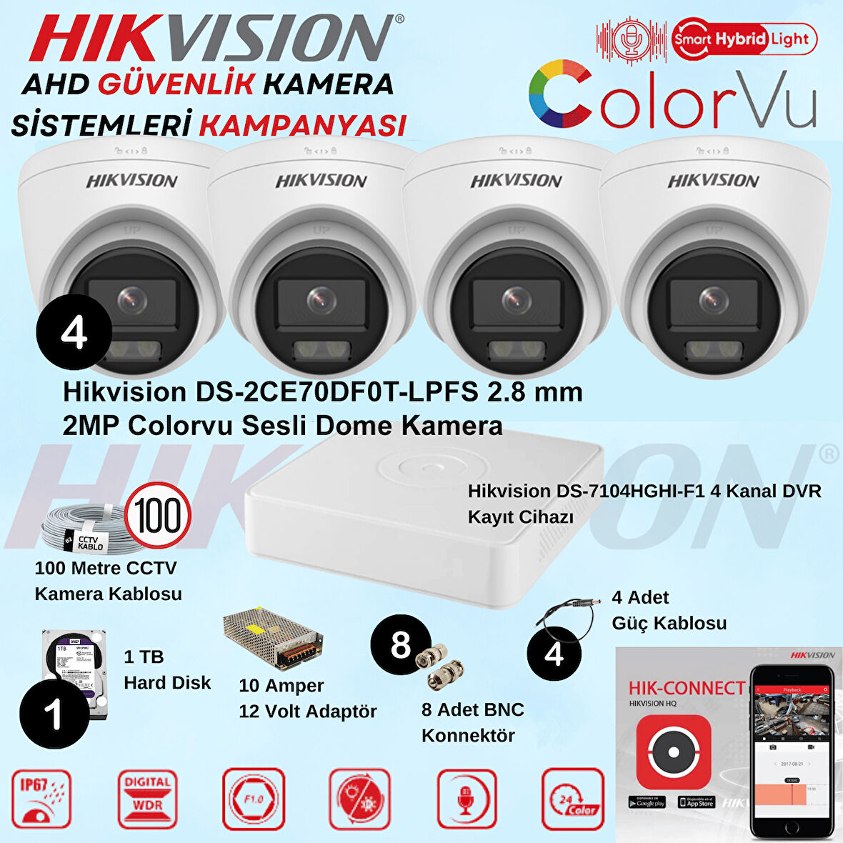 Hikvision Sesli Smart Hybrid Light AHD 4 Adet Dome 2 Mp Güvenlik Kamera Seti