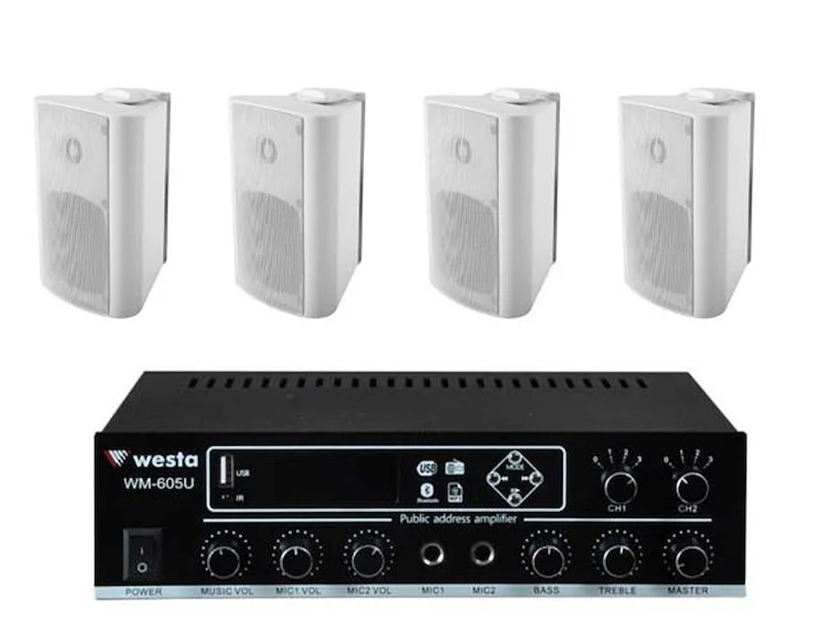 4 Adet 6,5'' Profesyonel Cafe, Okul ,  Mağaza Ses Sistemi, Amfi ve Hoparlör Hazır Set 