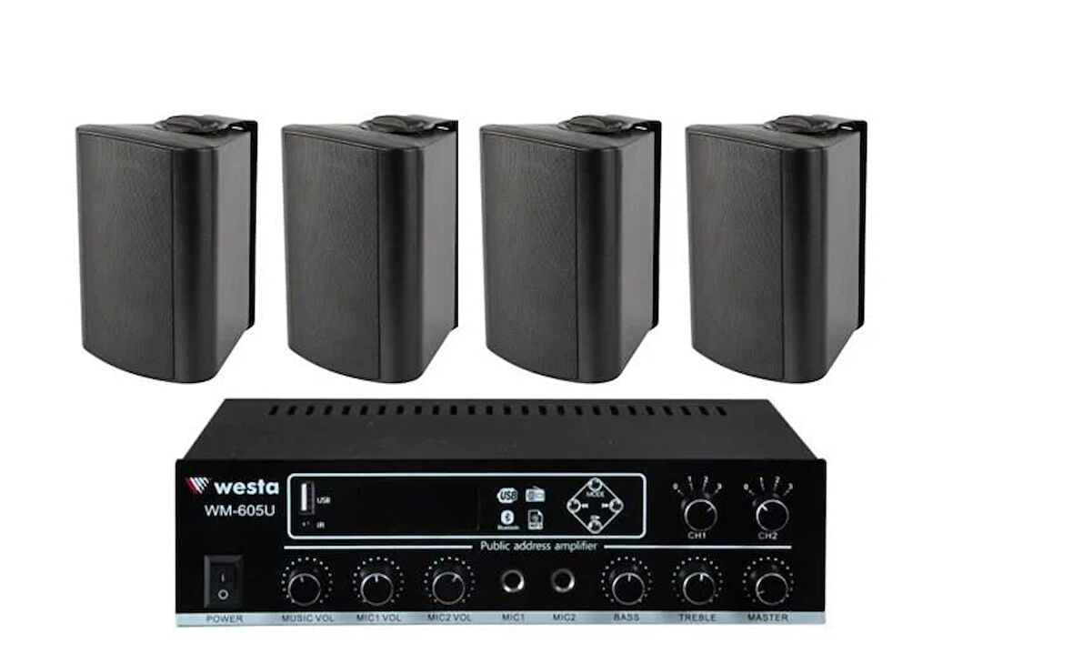 4 Adet 6,5'' Profesyonel Cafe, Okul ,  Mağaza Ses Sistemi, Amfi ve Hoparlör Hazır Set  Siyah