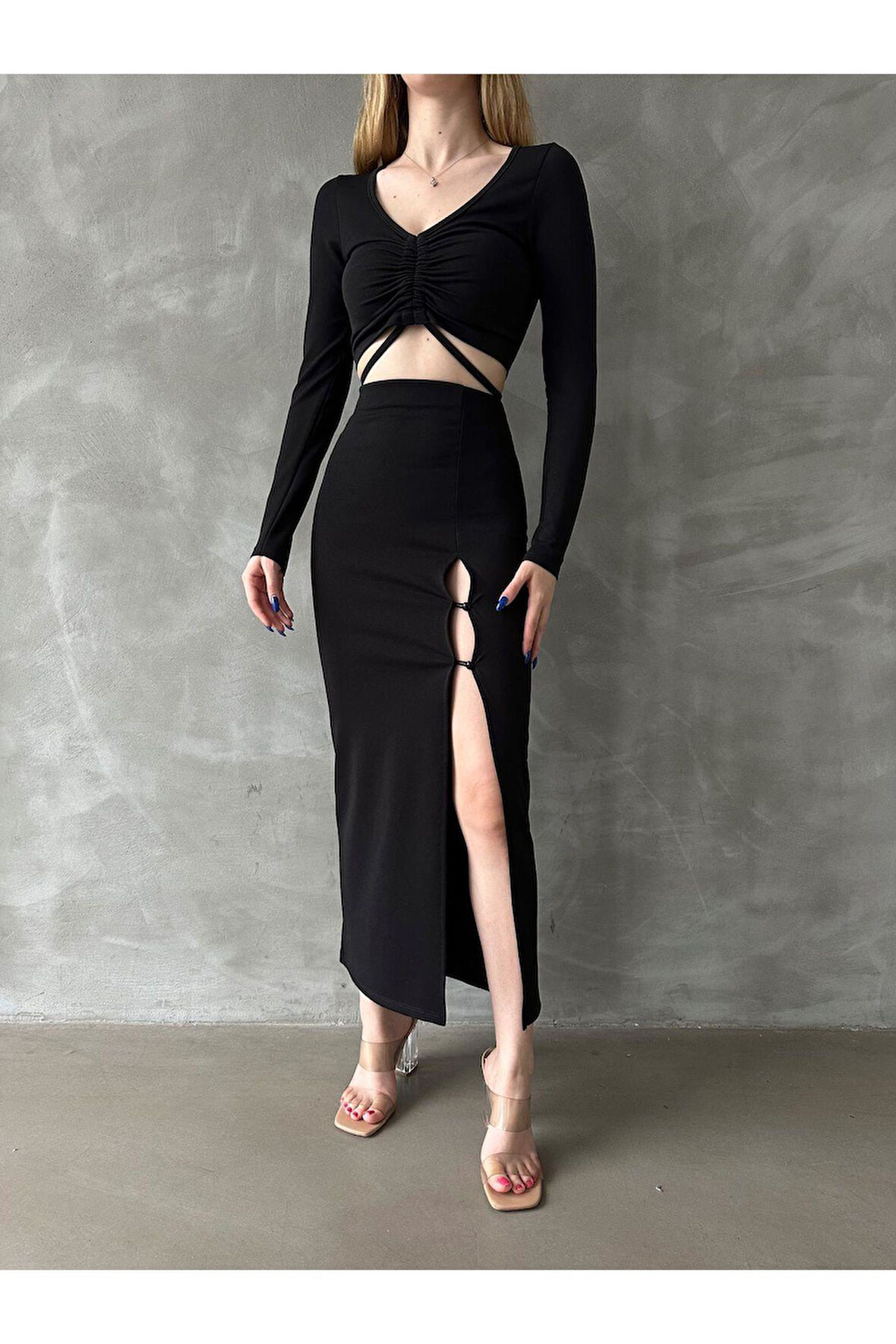 Örme Crep Yırtmaçlı Etek-Bluz Takım