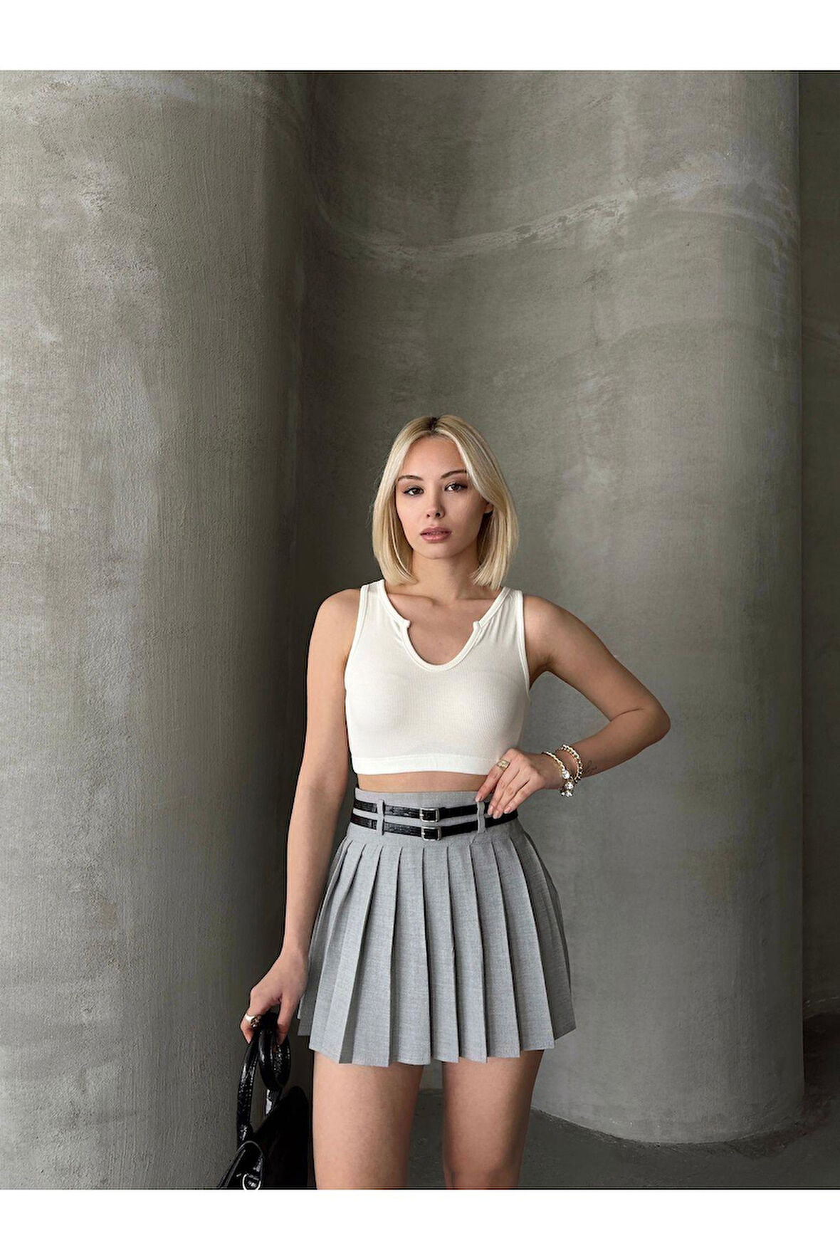 Çift Kemerli Dokuma Pileli Mini Etek