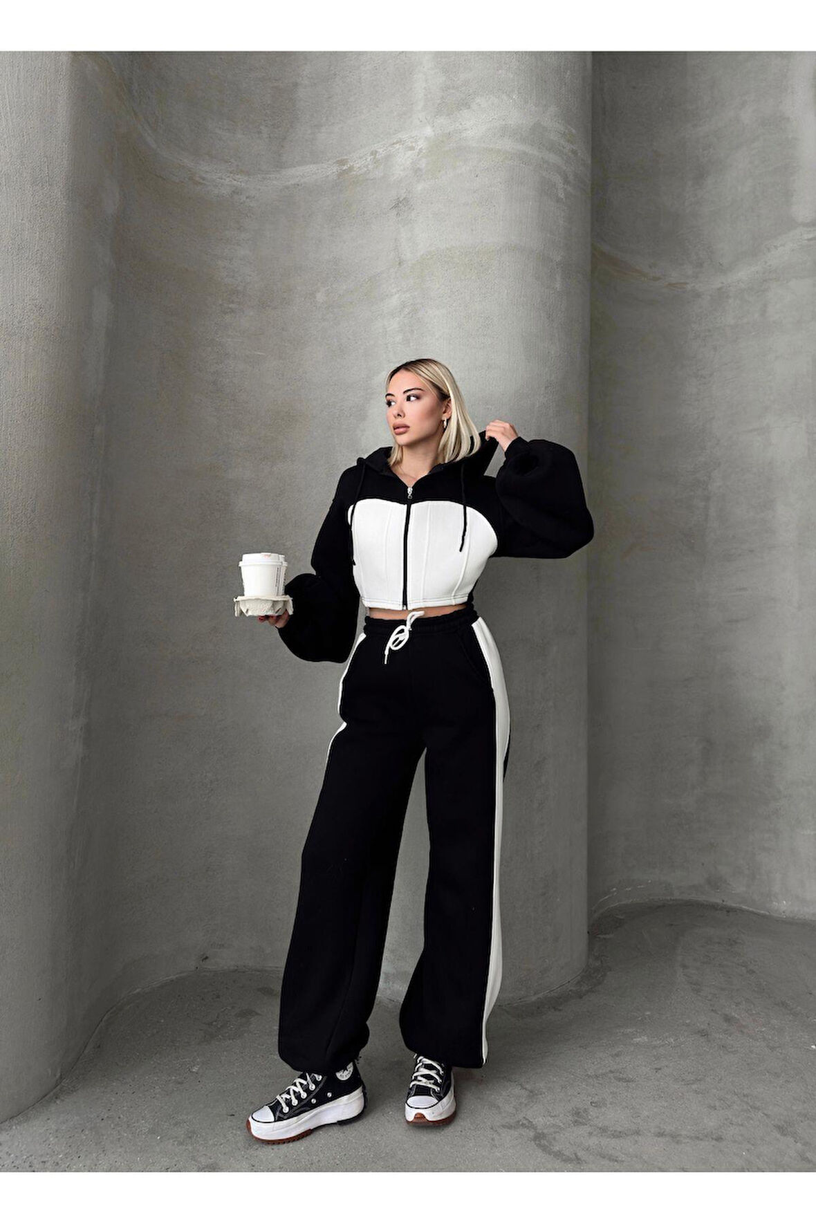 Bol Kesim 3 İplik Crop Hırka Eşofman Takımı