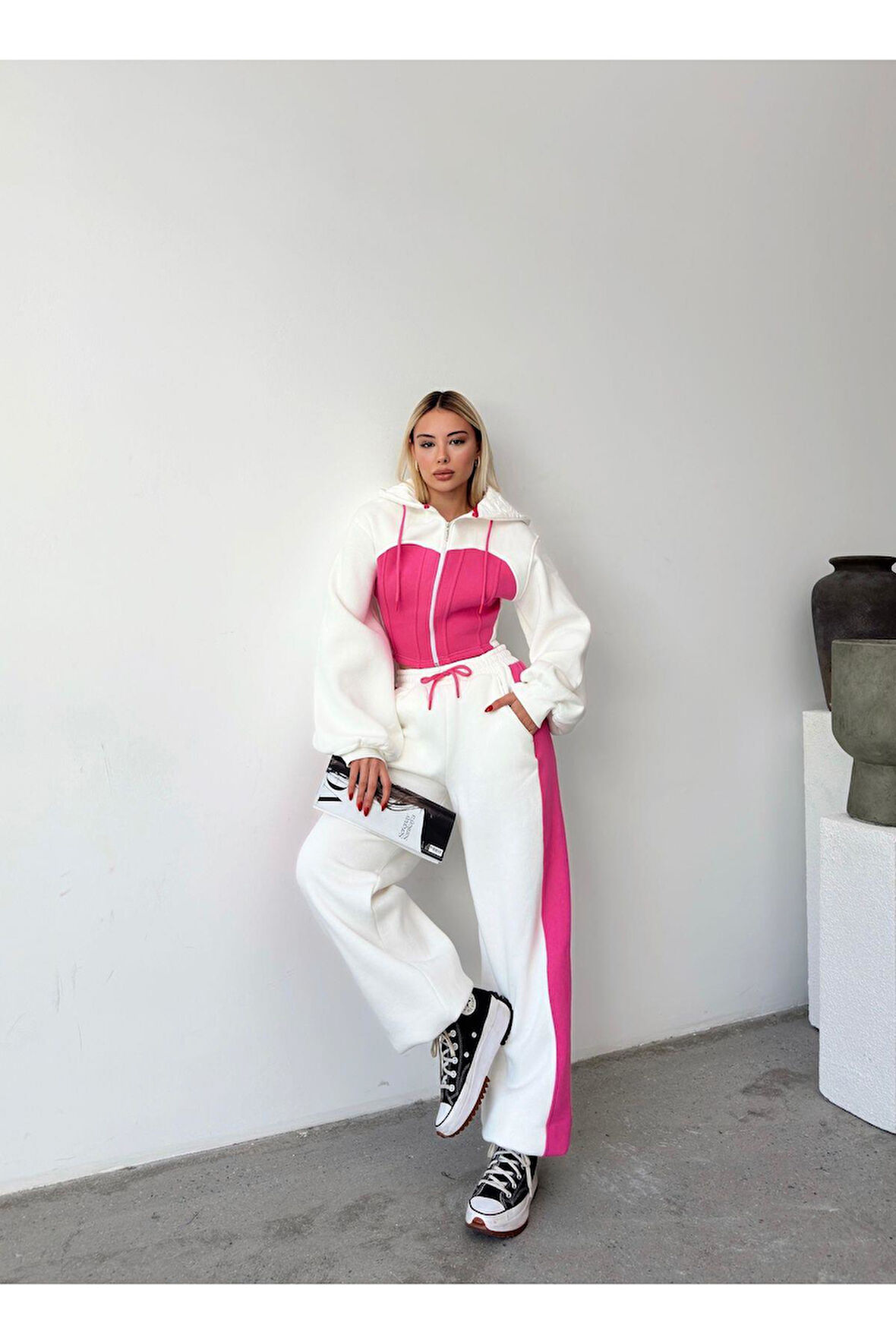 Bol Kesim 3 İplik Crop Hırka Eşofman Takımı