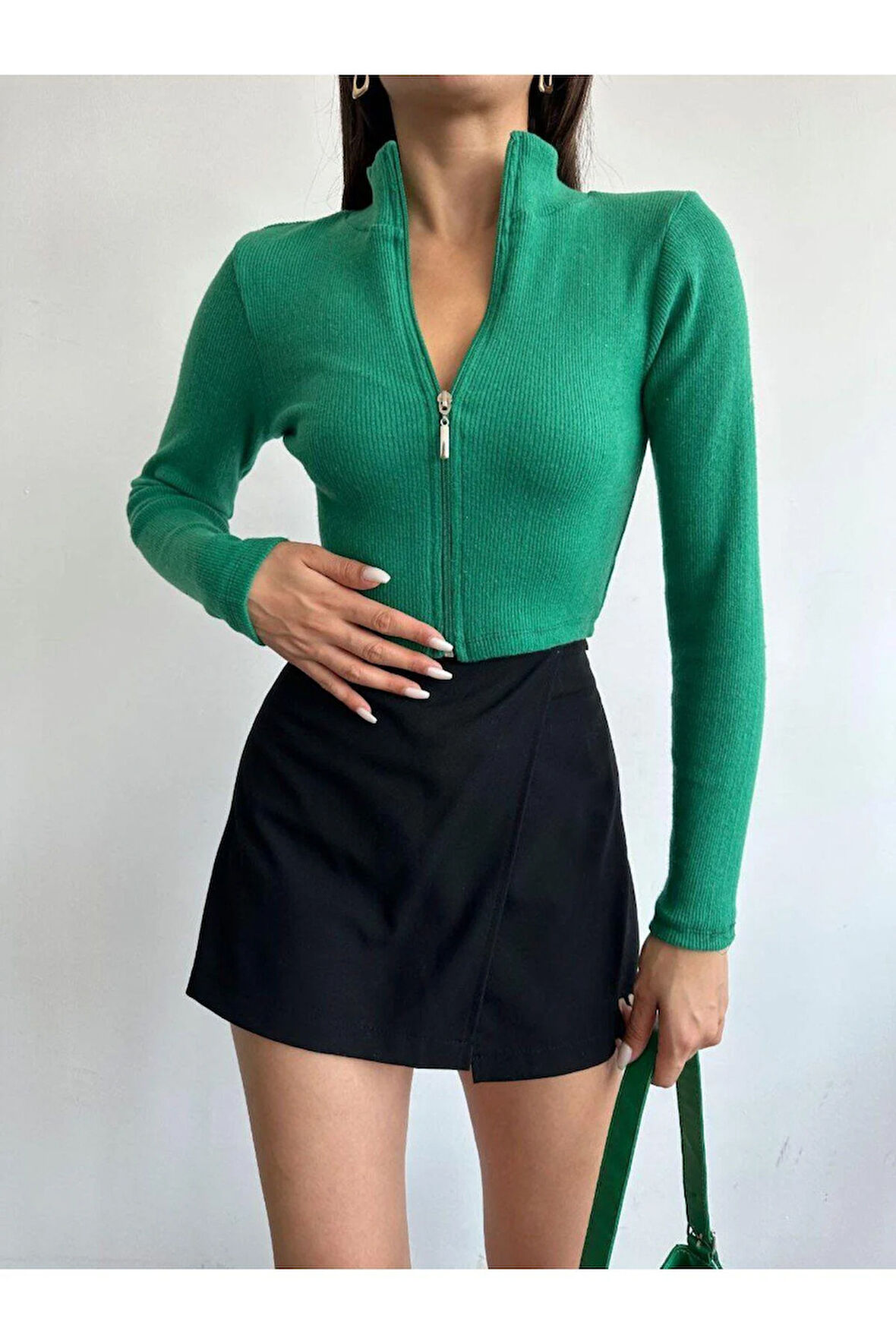 Fermuarlı Kaşkorse Uzun Kollu Şardonlu Bluz