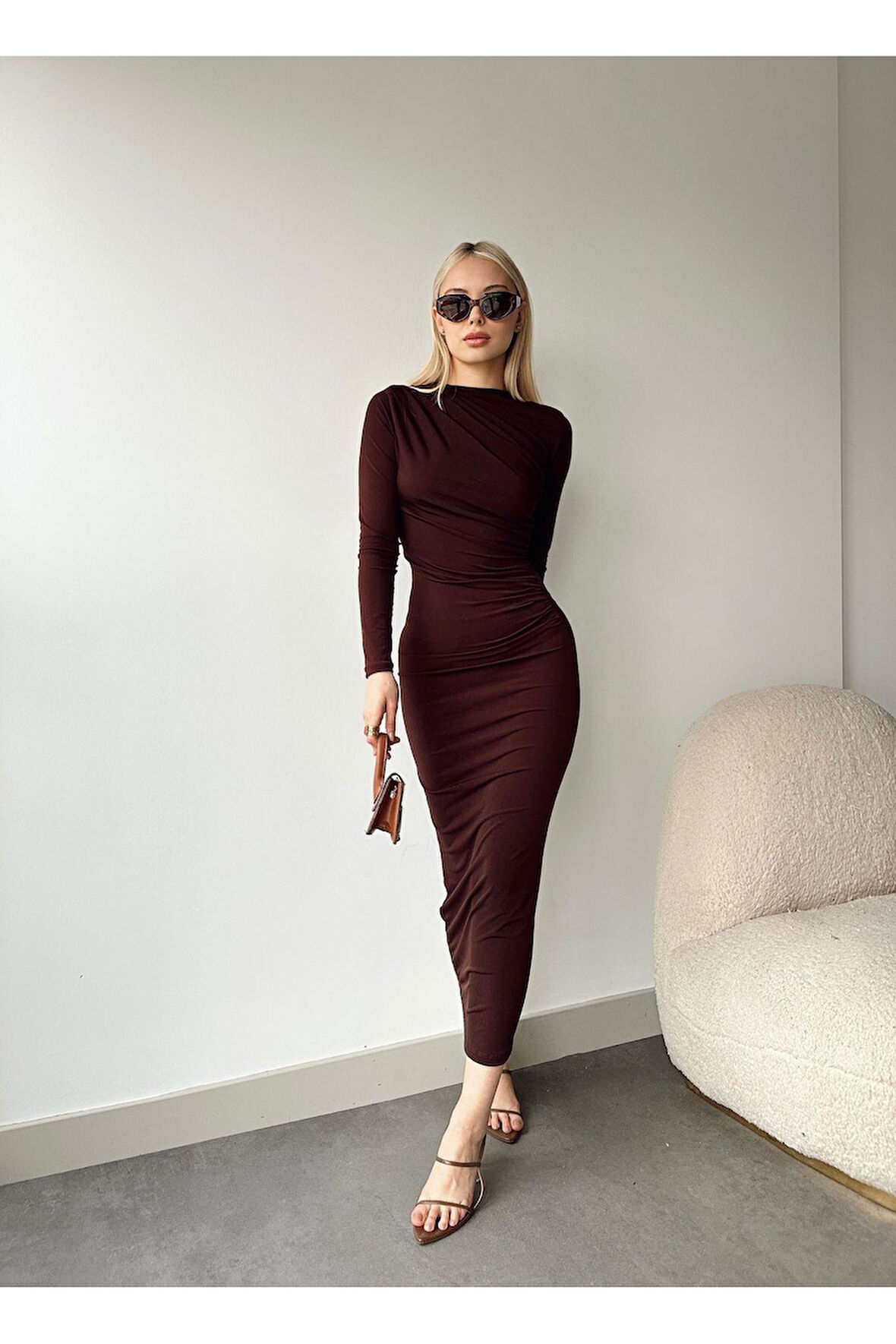 Midi Boy Drapeli Uzun Kol Elbise