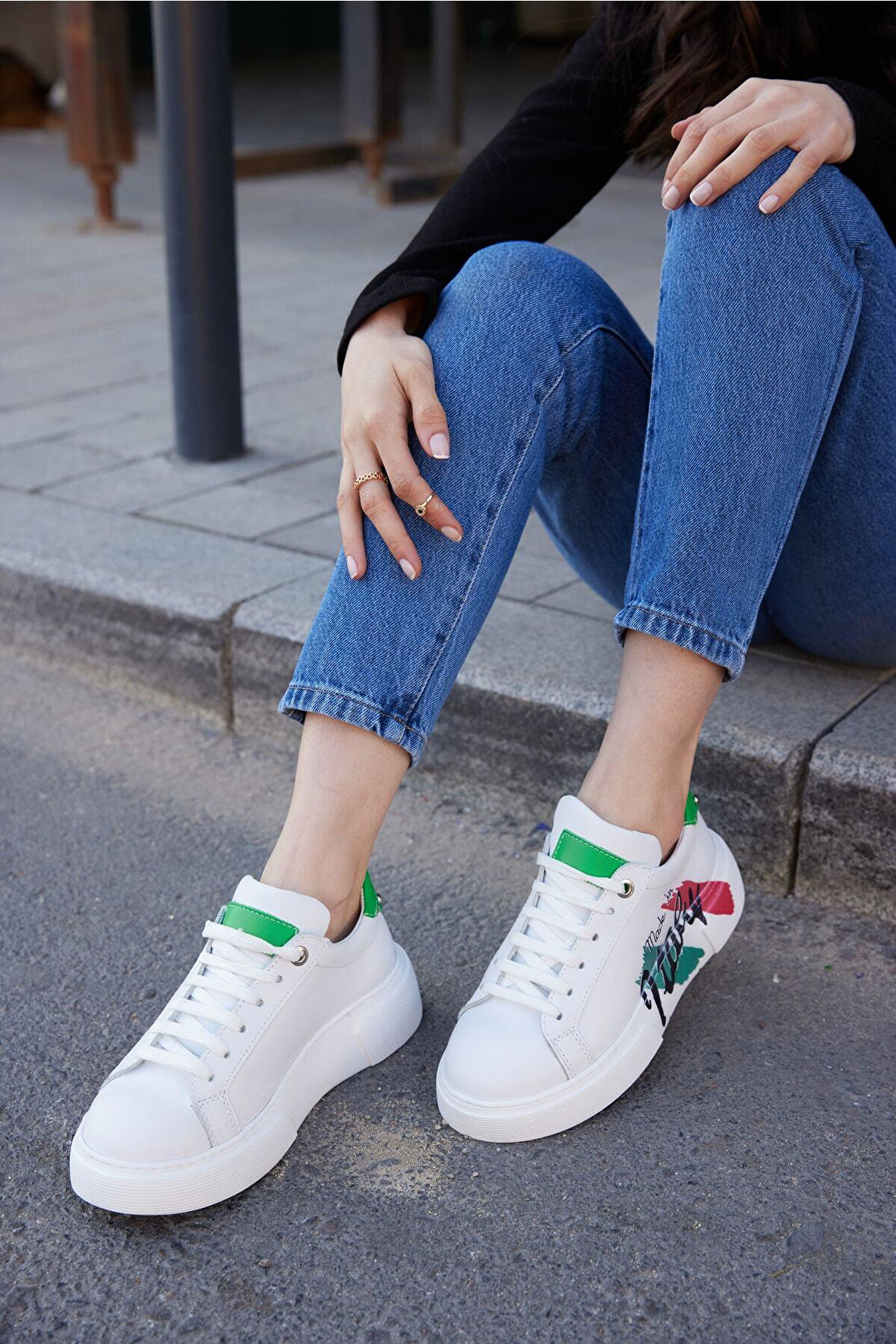 Kadın Beyaz Hakiki Deri Sneaker Spor Ayakkabı